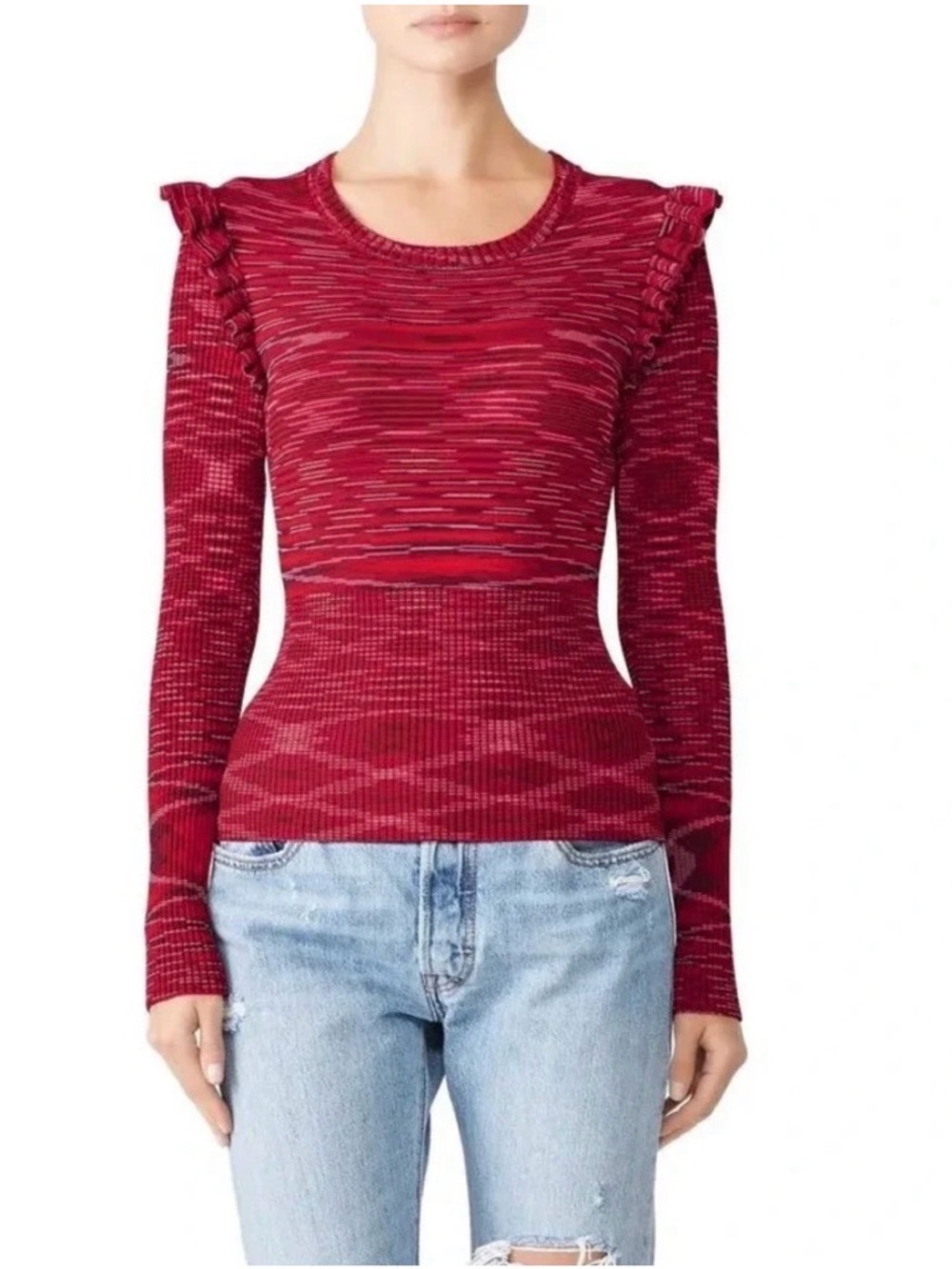 cinq a sept Red Space-Dye Ruffle-Shoulder Long Sleeve Sweater Top
